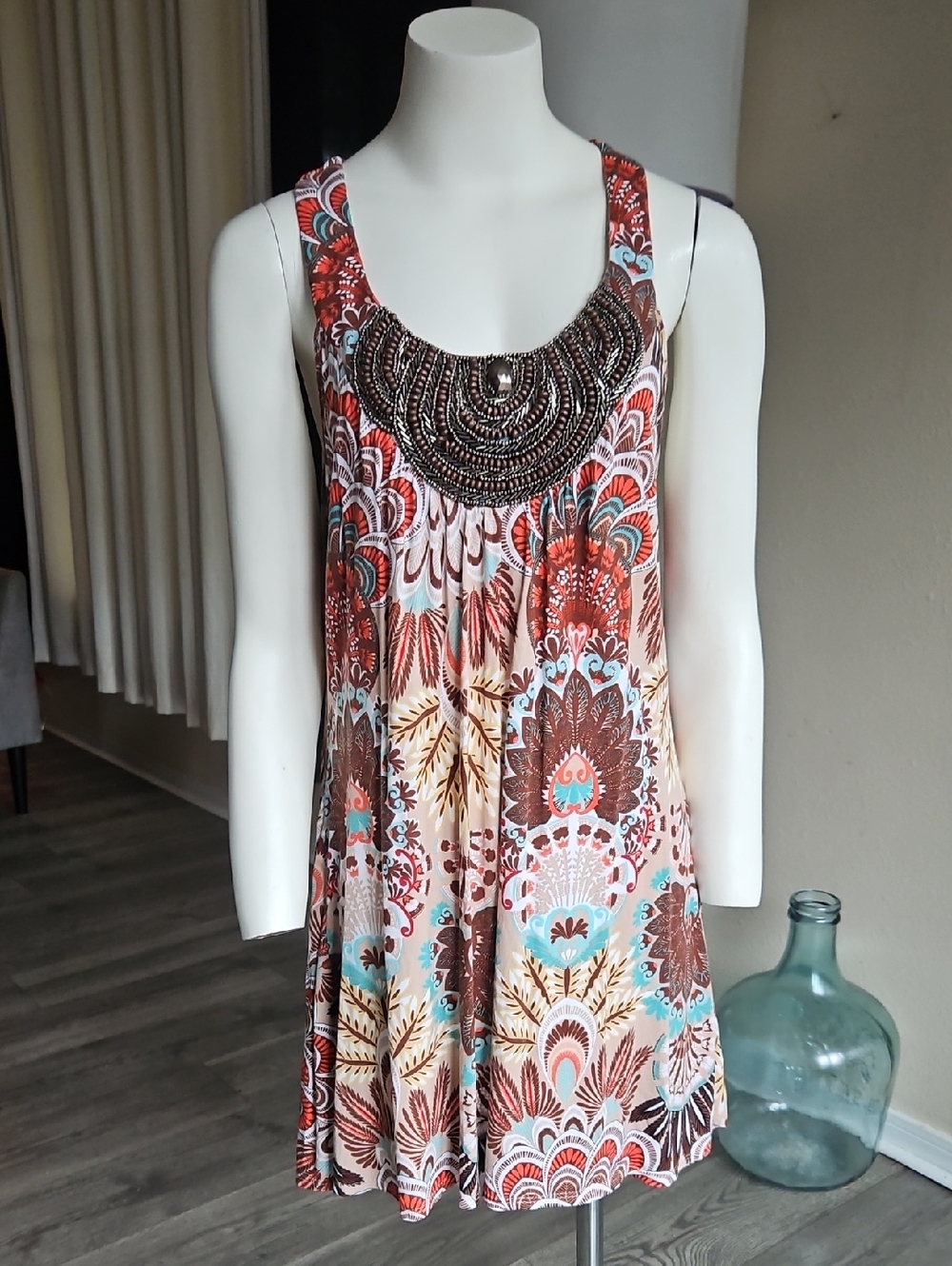 e. Bohemian Beaded Tunic Size 16 Brown/ Turquoise